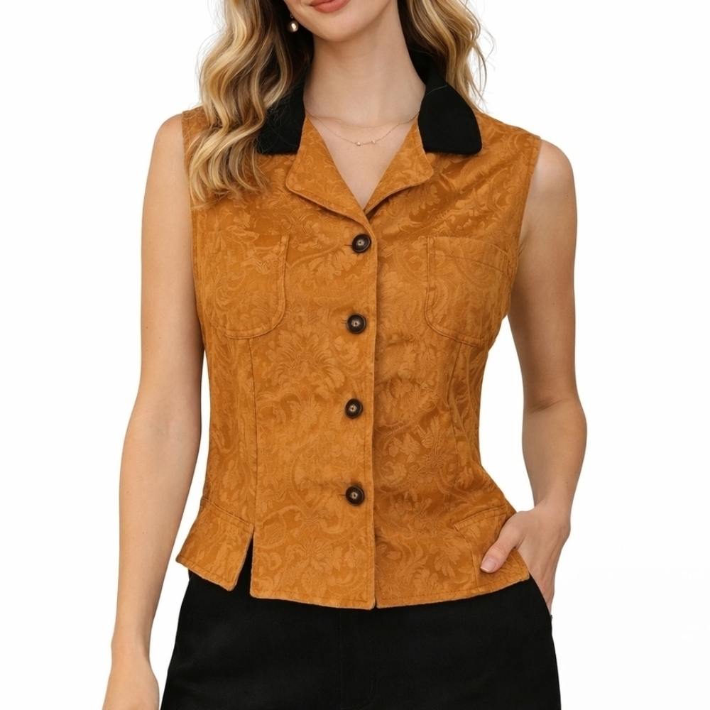 VTG SUN RIVER Tan Floral Tapestry Western Button Down Waistcoat Vest